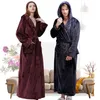 Mannen vrouwen winter extra lange hooded dikke flanellen warme badjas heren luxe thermale bad badjas zijden zachte kamerjas mannelijke gewaden