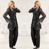 Black Chiffon Mother of The Bride Pant Suits With Jacket Jewel Neck Elegant Mothers Dresses Ankle Length Evening Gowns Lace Beads