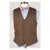 Nouveau Gilet de marié marron 2019 gros chevrons printemps coupe ajustée laine hommes gilet de mariage gilet de garçons d'honneur sur mesure