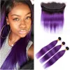 Ombre Purple Straight Cabellos peruanos con Frontal # 1B / Purple Ombre Black Roots El cabello humano teje 3Bundles con encaje Frontal 13x4