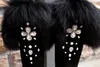 Dziewczyna Zima Czarna Bling Rhinestone Zdobione Duża Fox Ogon Futro Nad Kolana Snow Boots Kobiety Botas Pluszowe Wewnątrz High Botki