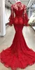 Röd Elegant Prom Klänningar High Neck Lace Appliques Poet Långärmad Cocktail Party Gowns Sweep Train Mermaid Evening Dresses Gratis frakt