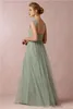 Sage Green 2019 Długie Suknie Druhna Dresses A-Line Sweetheart Neckline Cap Rękawy Tiul z koronki Wedding Party Prom Dresses