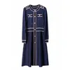 2019 Autumn Winter Blue Long Sleeve Round Neck Contrast Color Knitted Panelled Buttons Single-Breasted Dress & Casual Dresses N149103008