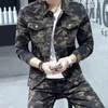 Spring New Fashion Mens Sets Camouflage Long Sleeve Man Jeans Coat Biker Elasitc Waist Full Length Denim Trousers