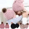 2 stks / set Moeder en baby breien hoed wol baby familie matching hat winter warme cap pompom bobble muts hoeden