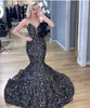Middle East Black Mermaid Arabic Evening Gowns Long Prom Dresses 2020 Glitter Sequin 3D Flowers Off Shoulder Dubai Formal Dress