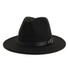 Moda nuevos hombres mujeres Fascinator sombrero de fieltro de ala ancha Jazz Fedora sombreros con banda de cuero negro Panamá Trilby sombrero Fedora Cap285x