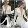 Mermaid Plunging V-neck Long Sleeves Elegant Prom Dresses With Sashes Beading Backless Sweep Train Bridal Gowns Satin Lace Appliques