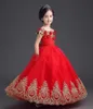 Elegante rode prinses bloemenmeisjes kleedt uit schouder applique vloer lengte baljurk optocht jurken voor tieners peutermeisjes flo2794