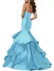 Nieuwe ontwerper Mermaid Satin Prom Dresses Laceup Spaghetti Ruffles Sweep Train Evening Jurken Pageant Dress Formal4238131