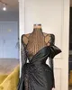 Elegant Evening Dresses High Collar Long Sleeves Lace Beads Satin Prom Gowns 2021 Custom Made High Side Split Special Occasion Wear