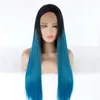 Wholesale Straight Lace Front Wig Ombre 1B Blue Hair Heat Resistant Fibers Synthetic Lace Front Wig Glueless Half Hand Tied for All Women