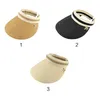 Kvinnor Sommar Öppna Top Straw Flätad Sun Visor Hat Kontrastfärg Stripes Metall Bowknot Decor Clip-On Wide Brim Sport Outdoor