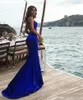 Sexig Enkel Royal Blue Mermaid Bridesmaid Dresses Backless Satin Enkel Keyhole Neck Sweep Train Long Prom Dress Party Gowns