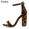 Eliyken 2019 Summer Women Sandals Peeptoe Buckle Strap Sandals Party Leopard Print Yellow Square Hoge Hakken 105cm Sandalen Y190709439293