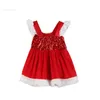 Newborns Baby Girls 1st Christmas Dress Santa Claus Costumes Ruffled Shoulder Straps Faux Fur Mesh Tutu Dress for Kids Party Birthday A-792