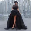 2020 High Low Black Prom Dresses Satin Tulle Sweep Train Tiered Skirt Sweetheart Off Shoulder Evening Gowns Formal Occasion Wear Plus Size