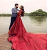 Red A Line Wedding Dresses Jewel Neck Lace Long Sleeve Beaded Bridal Gowns Cathedral Train 3D Floral Appliques Wedding Robe