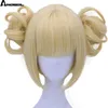 Anogol Çift at kuyruğu Anime My Hero Akademi Himiko Toga Çapraz Vücut Kısa Düz Blonde Sentetik Cosplay Peruk İçin Cadılar Bayramı