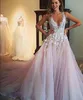 Rosa Sexig V Neck Backless Lace Prom Klänningar Mode A-Line Tulle Appliques Flower Court Train Vestido de Noiva Eleganta kvällsklänningar