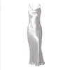 Satin Guld Bakgrund Sexig Bodycon Lång Klänning Kvinnor Sommar Lace Up White Party Dress Elegant Kvinna Maxi Club Beach