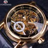 Forsining Hollow Graveren Skeleton Casual Designer Black Golden Case Gear Bezel Automatische Horloges Mannen Luxe Merk Watches284T