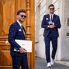 Ny blå kontroll plaid mens brudgum bröllop passar brudgummen dubbelbröst toppad lapel formellt arbete prom office blazer jacka (jacka + byxor)