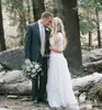Western Country Bröllopsklänningar Lace Chiffon Modest V Neck Halv Ärmar Lång Bohemian Bridal Gowns Plus Size Robe de Mariée En Dentelle