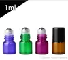 Bouteilles à roulettes en métal de 1ml, pour huiles essentielles, Mini bouteilles en verre coloré avec couvercle noir, vente en gros