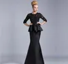 2019 black evening dresses with peplum sheer crew mermaid 3/4 sleeves beaded lace high collar Party red carpet prom dresses sweep train