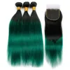 #1B/Green Ombre Straight Brazilian Human Hair 3Bundles with Closure 4Pcs Lot Ombre Green Human hair Weave Bundles with Lace Top Closure 4x4
