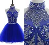 2019 Royal Blue High Neck Korta Homecoming Klänningar Rhinestones Beaded Backless Cocktail Party Evening Gowns Billiga Prom Dress Pageant Gown