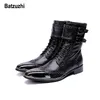 Batzuzhi Brand New Homens Sapatos de Ponta de Metal Apontado Homens Bota Cavaleiro zapatos de hombre Preto Botas de Combate de Couro Genuíno para Homens Bota