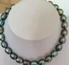 Stunning 9-10mm tahitian black baroque green pearl necklace 18 inches 14k gold