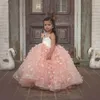 Blush Pink Dollcake D Floral Lace Flower Girl Dresses for Wedding Party Puffy Chapel Train Train Child First Complely Dress Weing Chil