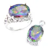 Luckyshine Pierścionki Pendarda Zestawy Owalne Rainbow Natural Mystic Topaz Gems 925 Sterling Posrebrzane dla kobiet Cyrkon Ustawia Darmowe Shippings