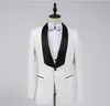 New Fashion White Groom Tuxedos Groomsmen One Button Shawl Collar Best Man Suit Wedding Men's Blazer Suits (Jacket+Pants+Vest+Bow tie)