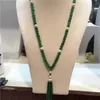 Hand knotted long natural green jade white freshwater pearl micro inlay zircon clasp tassel necklace 85-90 cm