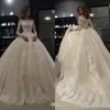 Robes de mariée robe de bal en dentelle hors épaule appliques longueur de plancher à manches longues balayage train dos nu plus la taille robe de mariée robes de mariée