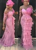 Nigerian-de-rosa da sereia Vestido Plus Size Aso Ebi camadas Tulle Querida Lace Vintage Formal Prom Vestidos Vestido Abendkleider