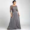 Vestidos mãe da noiva tamanho grande azul com 3 mangas 4 mangas decote redondo cetim feminino vestidos de noite formais