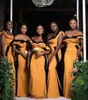 Zuid-Afrikaanse zeemeermin bruidsmeisje jurken goud met zwart van de schouder ruches bruiloft gast meid van eer jurken plus size aangepaste bd8913