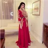 Red Chiffon Moroccan Kaftan Evening Dresses crew 3/4 Sleeves Lace Appliques Arabic Aline Muslim Belt Special Occasion Formal Party