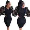 2020 Últimas Moda Puffy vestido mangas Mulheres Bodycon vestido do ponto de lantejoulas malha Painéis Crew Neck curto Sexy Spring Party Nightclub Wear