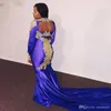 African Plus Size Royal Blue Mermaid Prom Jurken Gouden Applicaties Lange Mouwen V-hals Avondjurk Formele Partyjurken Gewaden De Soirée