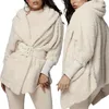 Pigiama caldo soffice da donna invernale Set maglione cardigan Cappotto con cappuccio in peluche a maniche lunghe + Pantaloncini Set Sleepwear Homewear 2PCS