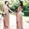 Goedkope Pailletten Rose Gold Bruidsmeisjes Jurken Spaghettibandjes Vloerlengte Formele Avond Prom Jassen robes de demoiselle d'honneur