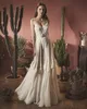 Elegant A Line Wedding Dresses Sexy Spaghetti V Neck Open Back Wedding Dress Lace Applique Feather Bridal Gown