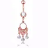 Sexy Wasit Belly Dance Crystal Body Jewelry Acciaio inossidabile Strass Navel Bell Button Piercing Anelli pendenti per donna Ciondolo in oro rosa